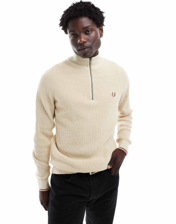 Fred Perry waffle stitch knitted half zip jumper in light beige