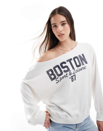 Hollister off the shoulder boston graphic sweatshirt in white
