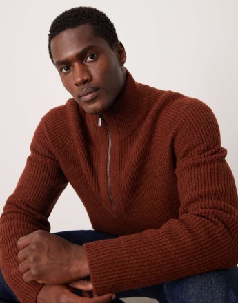 Mango knitted quarter zip jumper in burgundy