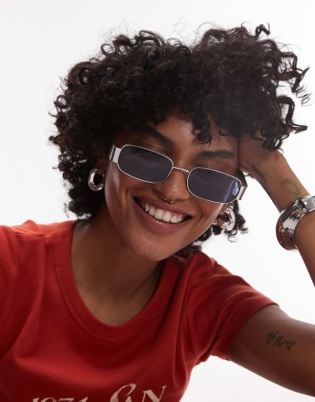 Topshop Crete rectangle metal sunglasses in matte silver