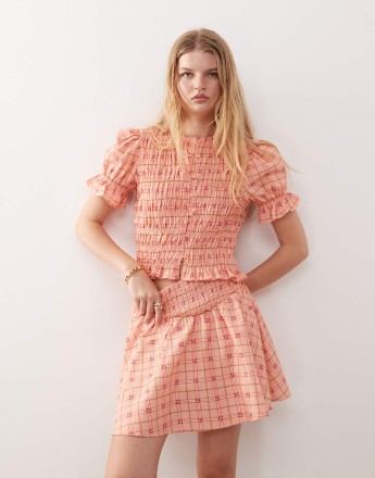 Reclaimed Vintage western top with shirring detail and puff sleeve in pink check