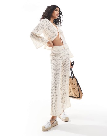 Esmee Exclusive crochet beach trouser co-ord in cream