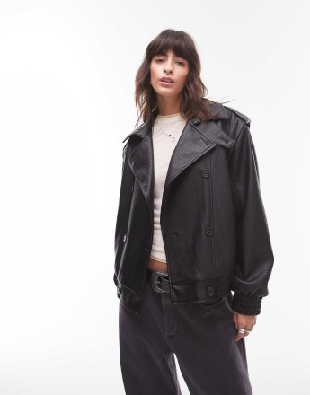 Topshop oversized bubble faux leather mac bomber jacket in black