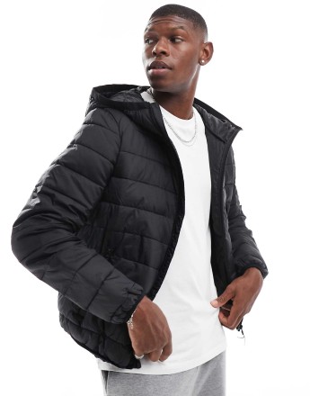 Bershka lightweight hooded puffer in black