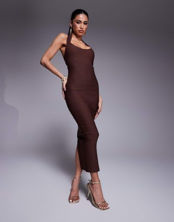 Vesper bengaline scoop neck halterneck bodycon midaxi dress in chocolate