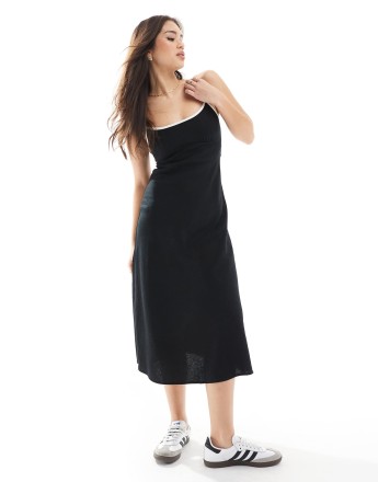 Hollister linen slip maxi dress with contrast binding in black