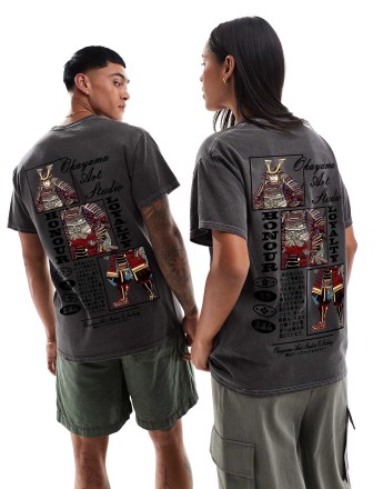 PRNT Okayama art studio front and back print washed t-shirt in charcoal overdye