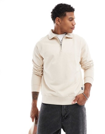Jack & Jones zip through sweat polo in ecru