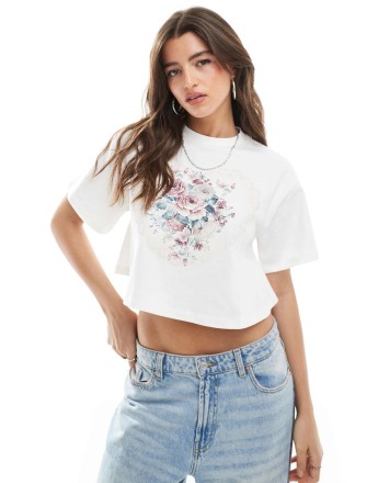Miss Selfridge wide crop vintage floral heart t-shirt in ecru