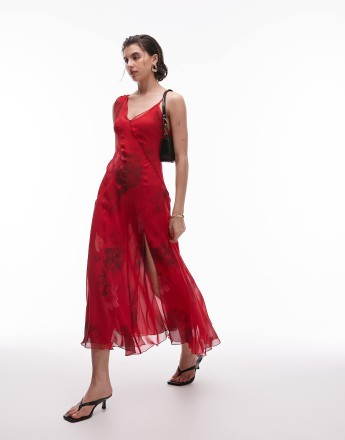 Mango one shoulder midi dress in blurred red floral print