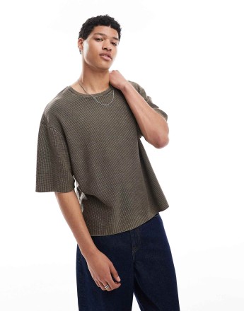 Pull&Bear knitted washed t-shirt in khaki