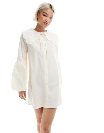 Miss Selfridge balloon sleeve oversized collar smock dress in white