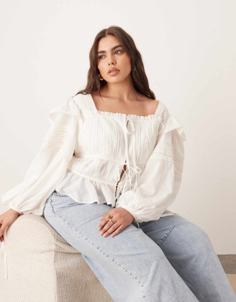 ARRANGE Curve cotton voile lace trim blouse with tie front in white