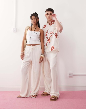 Reclaimed Vintage unisex relaxed trouser in blend linen in ecru