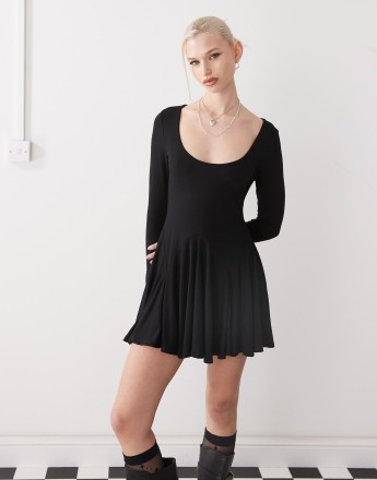COLLUSION scoop neck flippy hem mini dress in black