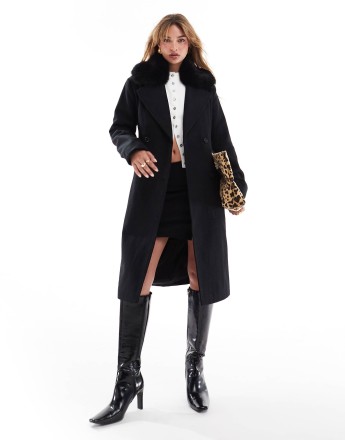 French Connection faux fur trim coat in black