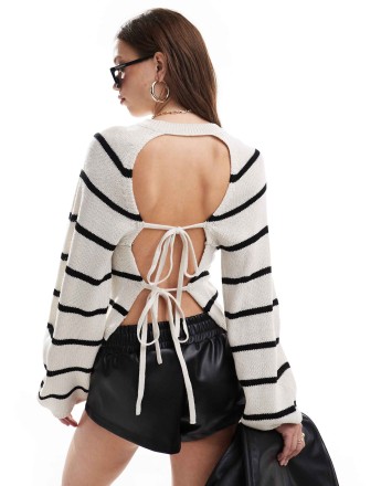 Miss Selfridge double tie back open back jumper in stripe