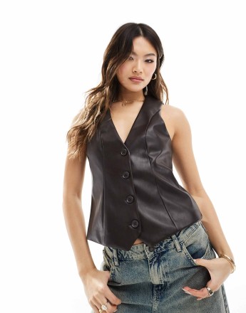 River Island faux leather waistcoat in dark brown