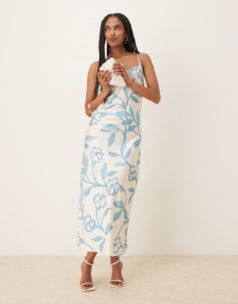 AWARE maxi slip dress in blue illustrative floral print