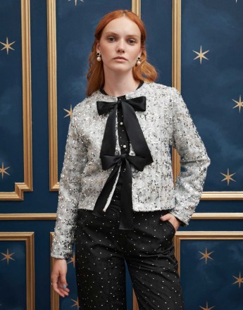 Sister Jane contrast bow knitted cardigan in silver