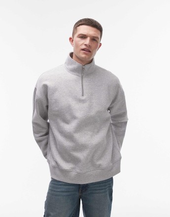 Topman premium heavyweight oversized 1/4 zip sweatshirt in grey marl