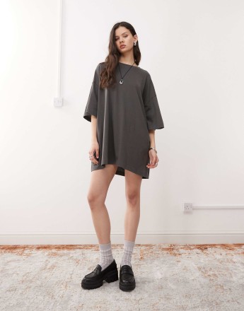 Weekday Huge t-shirt mini dress in charcoal exclusive to ASOS