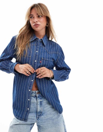 Levi's Teodora shine foil stripe western shirt in mid blue