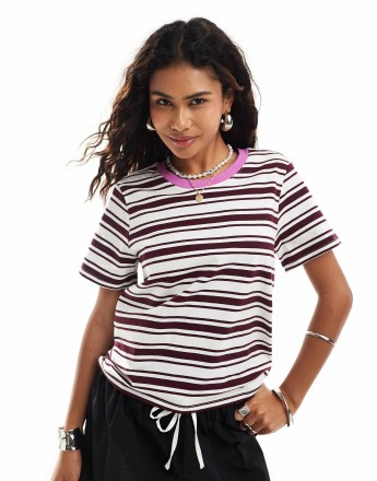 Monki short sleeve t-shirt in burgundy stripe with pink contrast collar