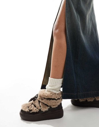 South Beach Fluffy Lace Up Mini Boots in Brown