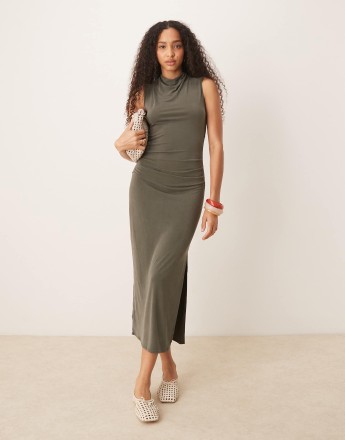 Mango soft touch ruched midaxi dress in washed khaki
