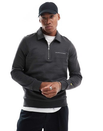 Lyle & Scott embroidered collared quarter zip in grey/white