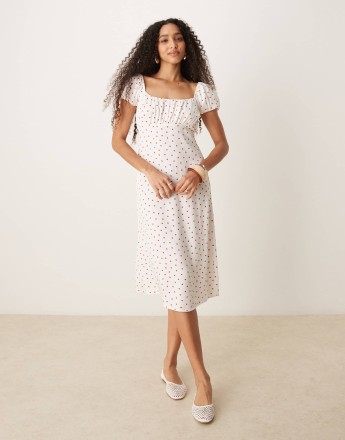 Nobody's Child Raven puff sleeve midi dress in white and red polka dot