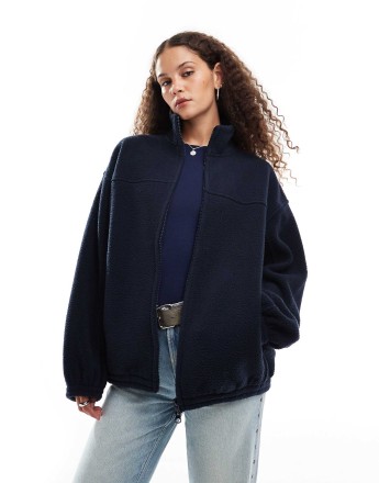 Weekday Lea oversized zip through borg in navy