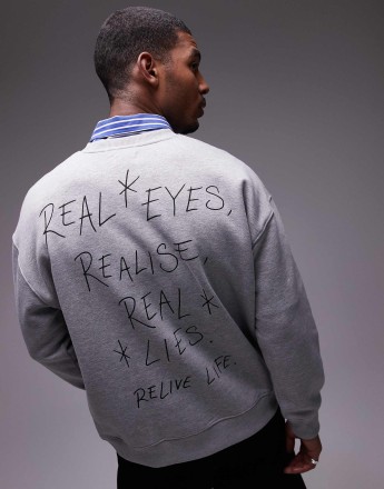 Topman oversized fit sweatshirt with Real Lies print in grey marl