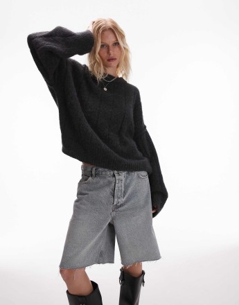 Topshop knitted fluffy rib oversized crew jumper in charcoal