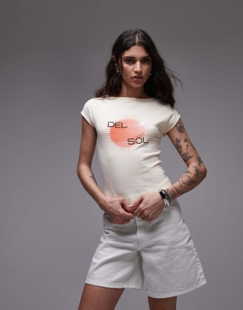 Topshop graphic del sol cap sleeve slash neck tee in yellow