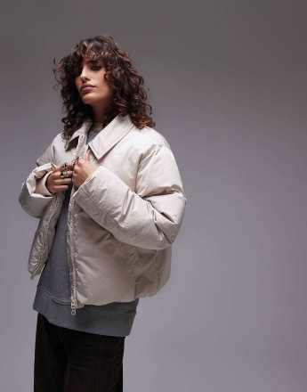 Topshop collar cropped puffer jacket in stone