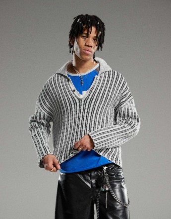 Weekday Rene cable knit slouchy polo jumper in black and off-white