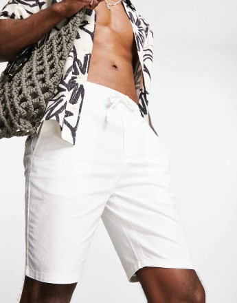 ONLY & SONS linen mix tie waist shorts in white