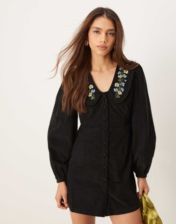 Nobody's Child Primrose cord mini dress with embroidered collar in black