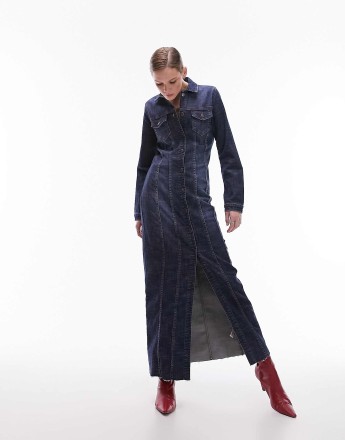 Topshop denim stretchy maxi shirt dress in indigo