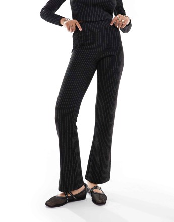 Pieces flared jersey high waist trouser co-ord in black pinstripe