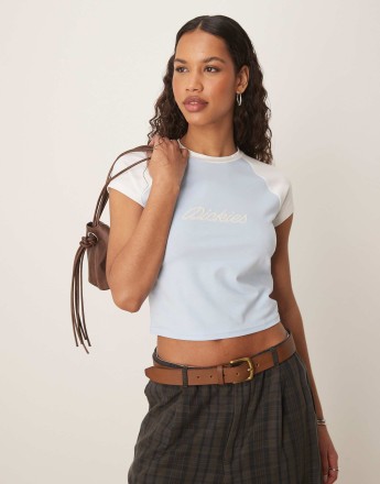 Dickies western rope logo raglan baby tee in light blue and off white