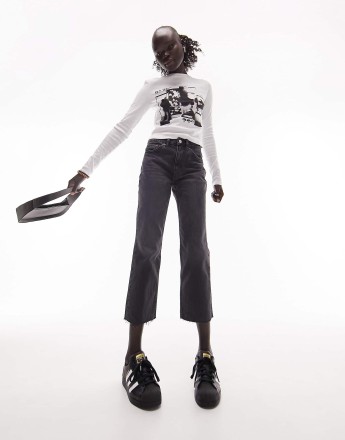 Topshop Petite mid rise straight jean with raw hems in black