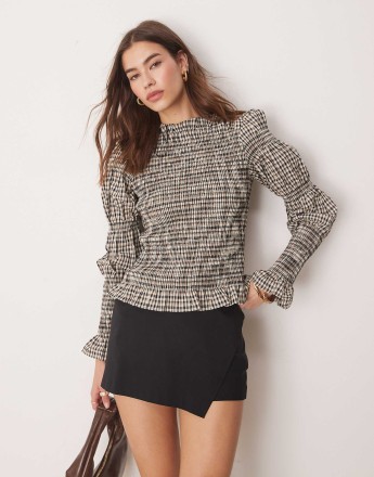 YAS shirred detail long sleeve top in check print