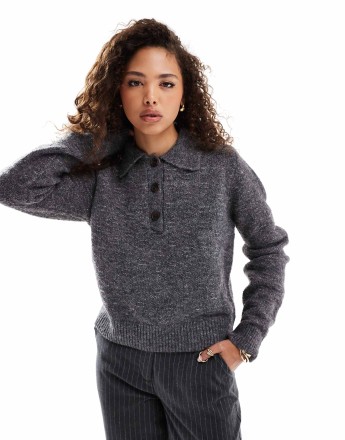 AWARE knitted polo jumper in dark grey melange