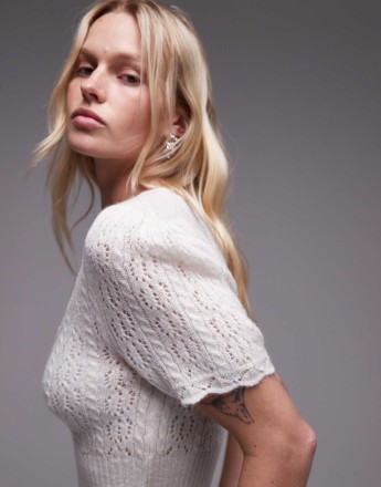 Topshop knitted pointelle t-shirt in ivory
