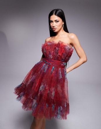 Lace & Beads tulle bandeau mini dress in burgundy floral