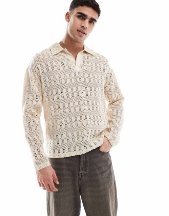 Native Youth crochet rugby polo shirt in cream