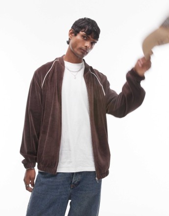 Topman oversized fit velour full zip through with side piping detail in brown
